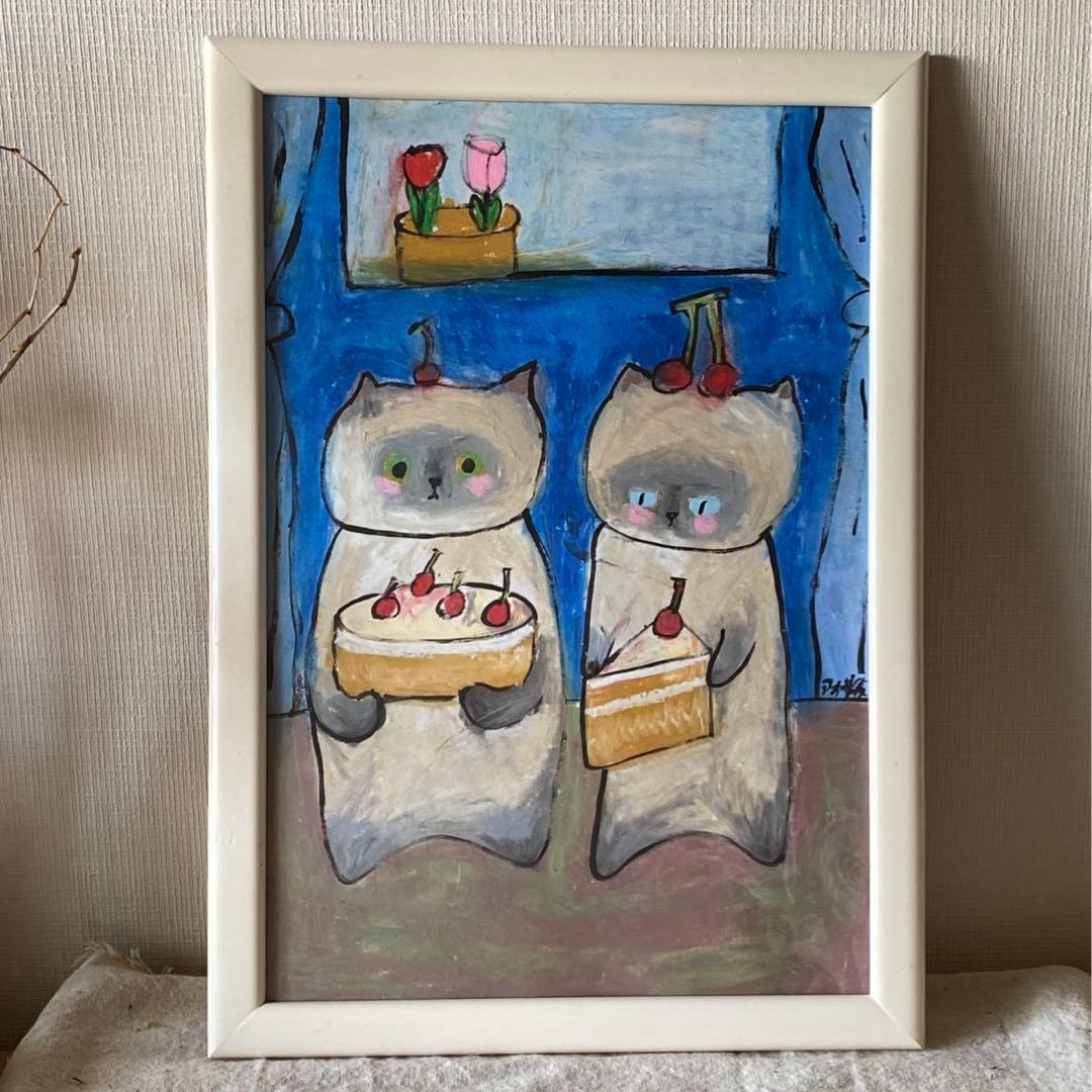 絵画。原画手描【シャム猫たちはデート記念日のためにさくらんぼケーキを用意した】