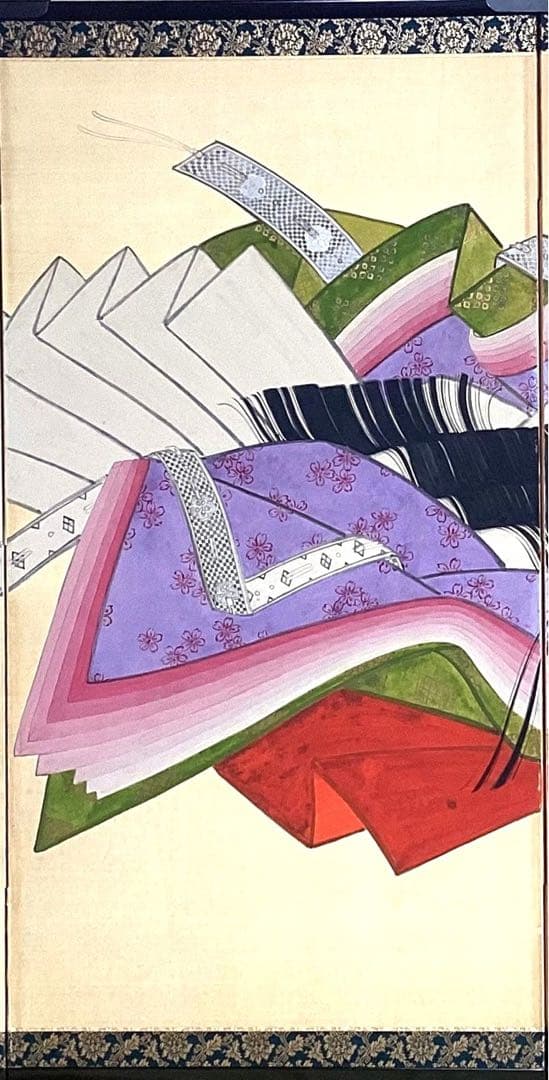 四つ折り屏風　日本画　紙本彩色　『平安十二単』