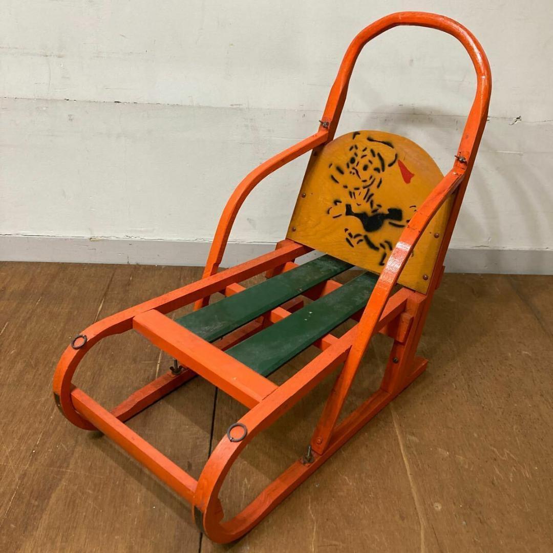 木製 手押し そり 昭和レトロ オレンジ10 曲げ木 犬ぞり 犬そりガーデニング