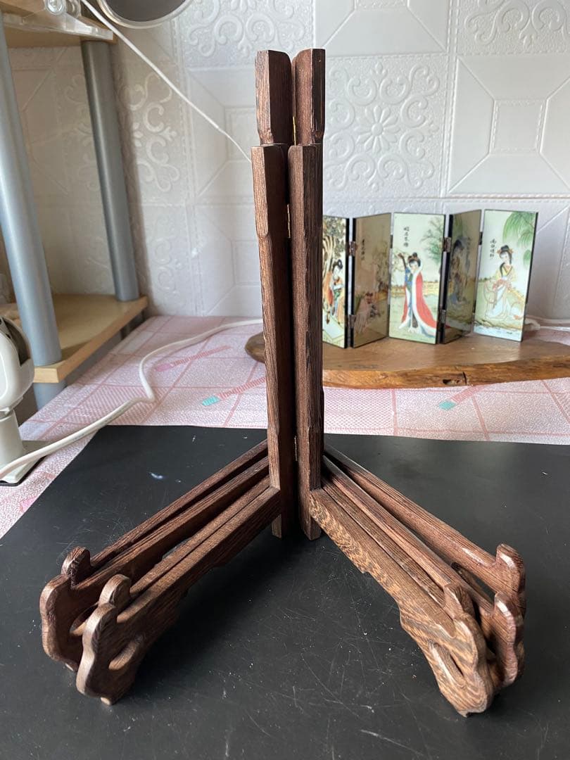 特大　プレートスタンド 皿立て 4点セット 鶏翅木 飾皿 木製