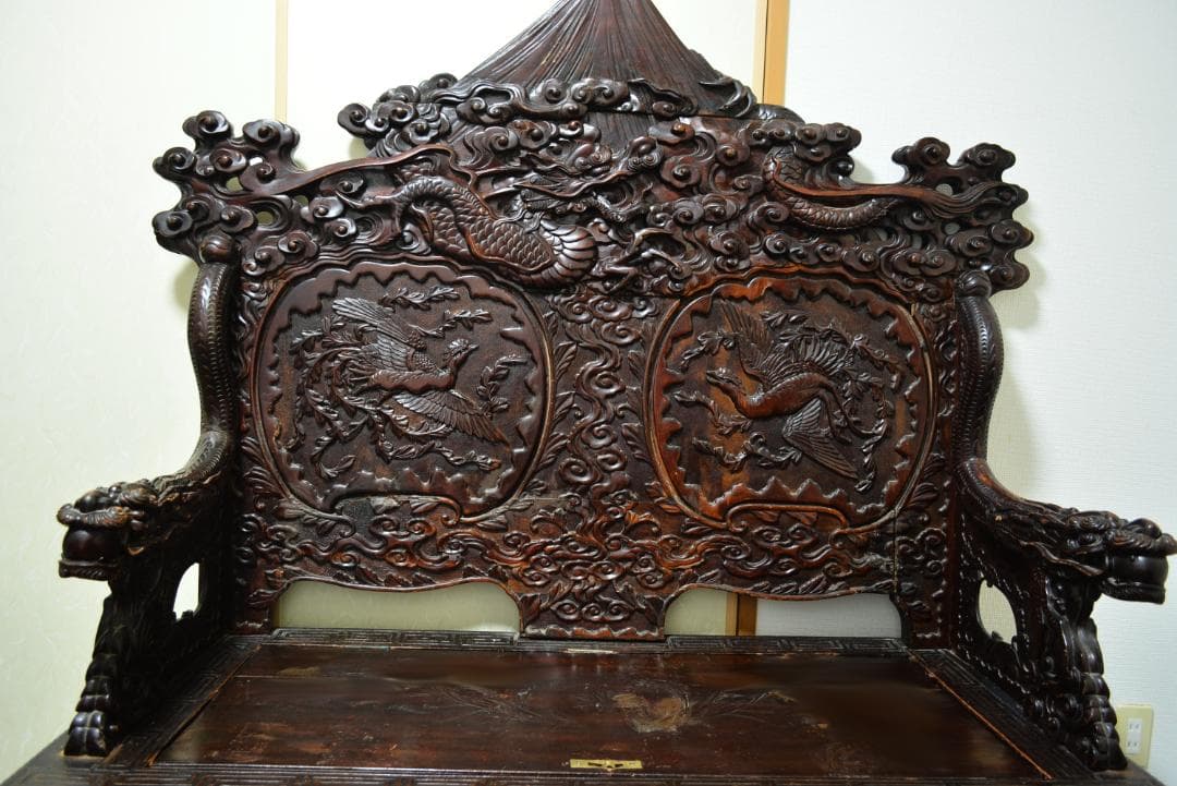 18-19世紀　希少　唐木　龍鳳凰彫刻　　長椅子　高級家具　アンティーク