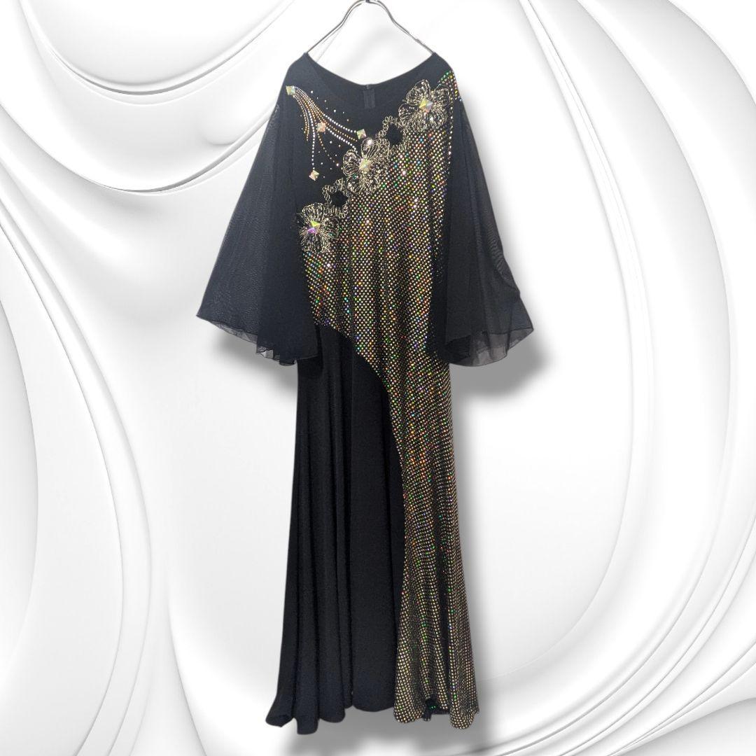 【美品】社交ダンス 衣装 ドレス ブラック ゴールド ラインストーン
