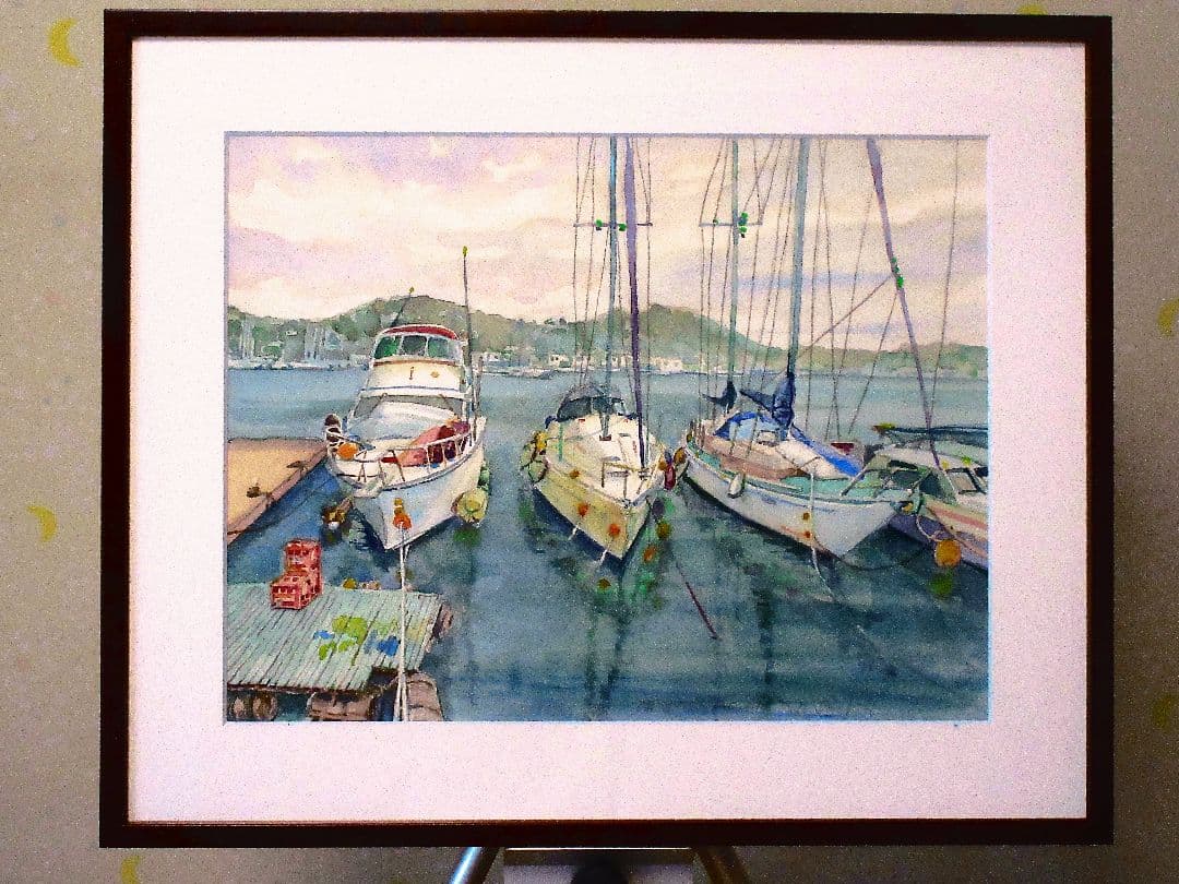 水彩画 浦郷町のヨット 額装あり