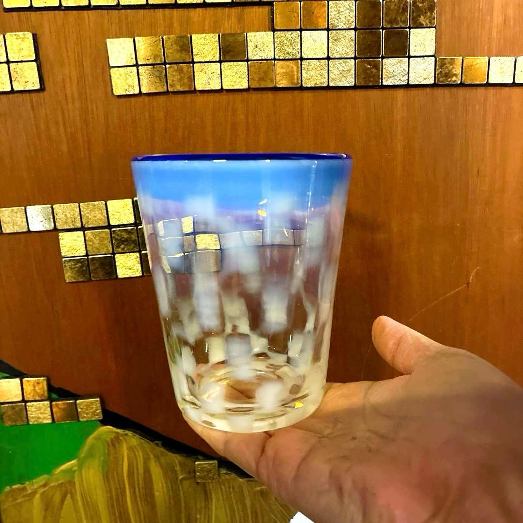 骨董　レトロ　希少　青フチ　乳白色　市松紋　ゴブレット　タンブラー パフェグラス