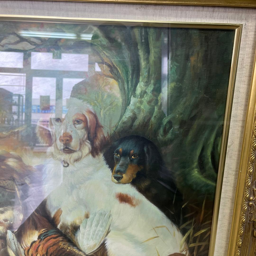 犬と子犬の油彩画 金のフレーム付き　 10号