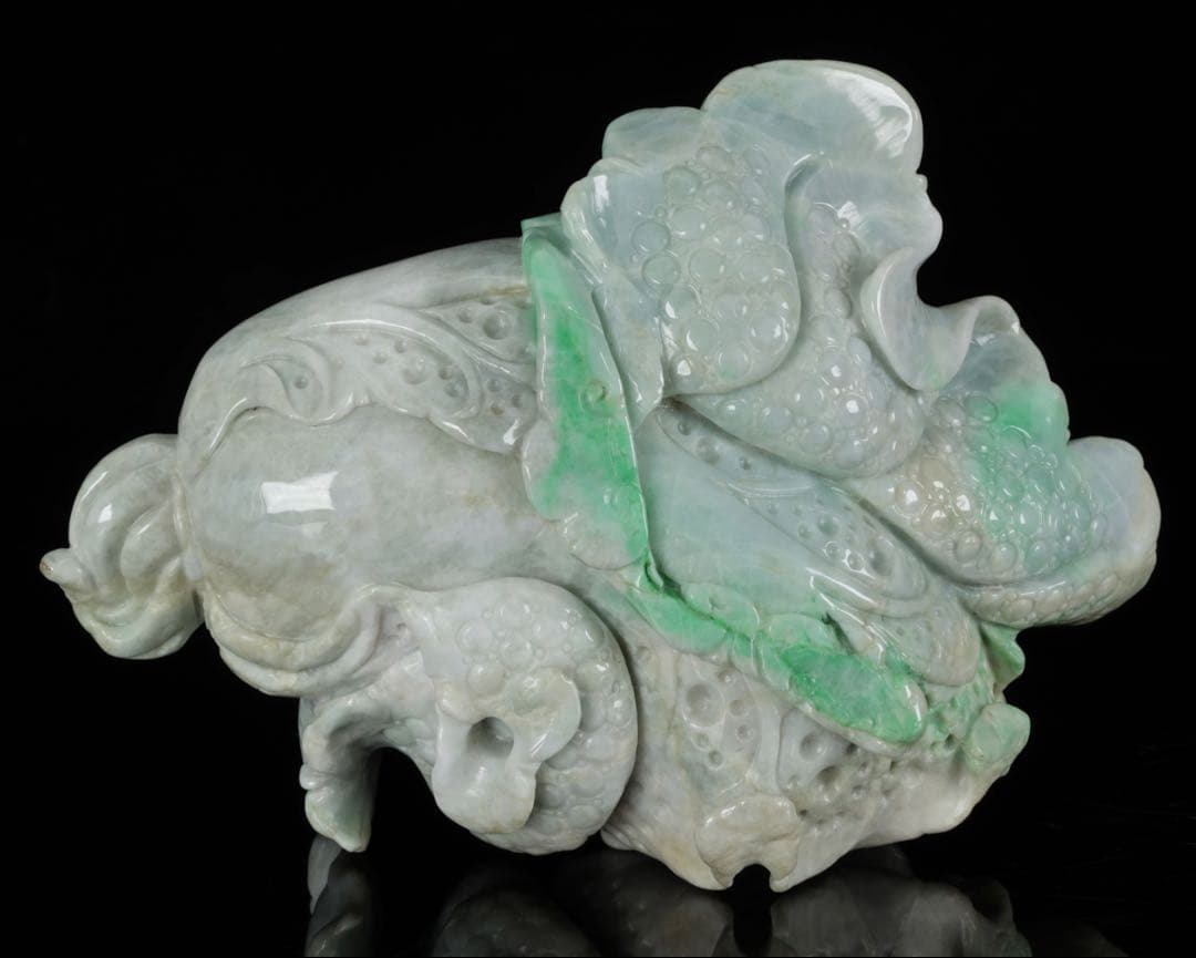 天然翡翠彫刻 青　白菜置物 2kg 細密細工 風水 財運招福 ヒスイ 翠玉美品