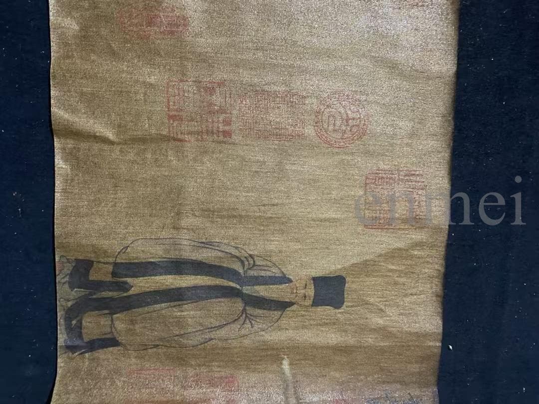 中国古美術 明 董其昌款 水墨山水図 真絲布包手巻 肉筆 掛け軸 書道 文房置物