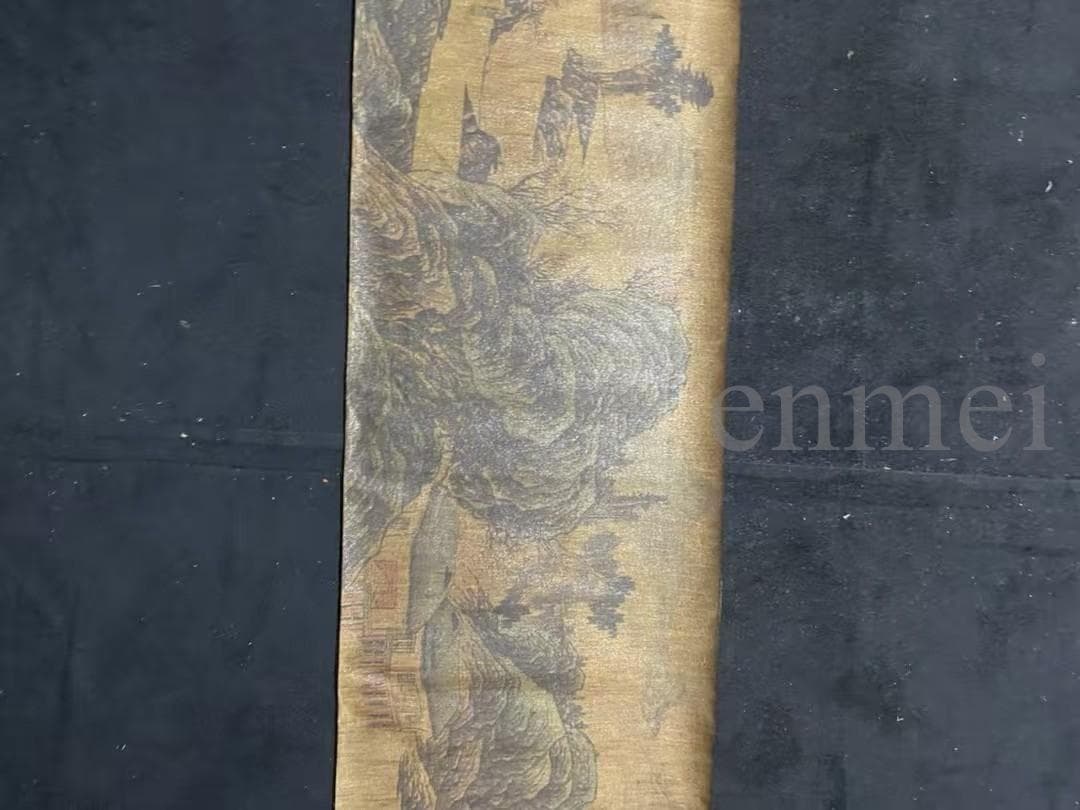 中国古美術 明 董其昌款 水墨山水図 真絲布包手巻 肉筆 掛け軸 書道 文房置物