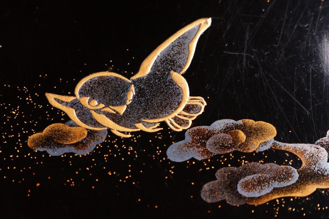 【MA700】時代木製漆器 雲雀蒔絵 吸物盆 十客 金蒔絵 黒塗溜塗 足付四方膳