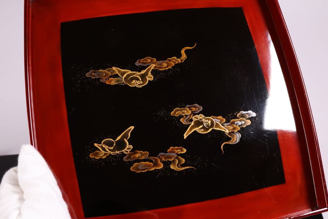 【MA700】時代木製漆器 雲雀蒔絵 吸物盆 十客 金蒔絵 黒塗溜塗 足付四方膳