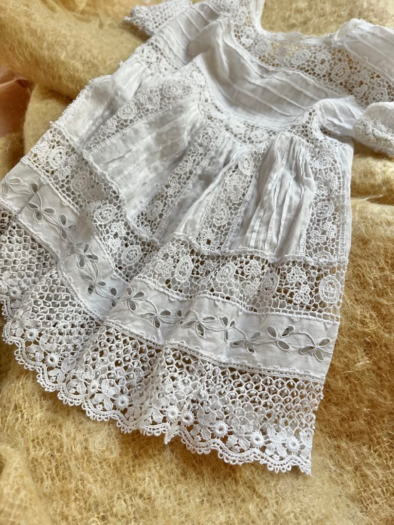 ◆フランスアンティーク｜セレモニーベビードレスA洗礼式白レーステディベアドール