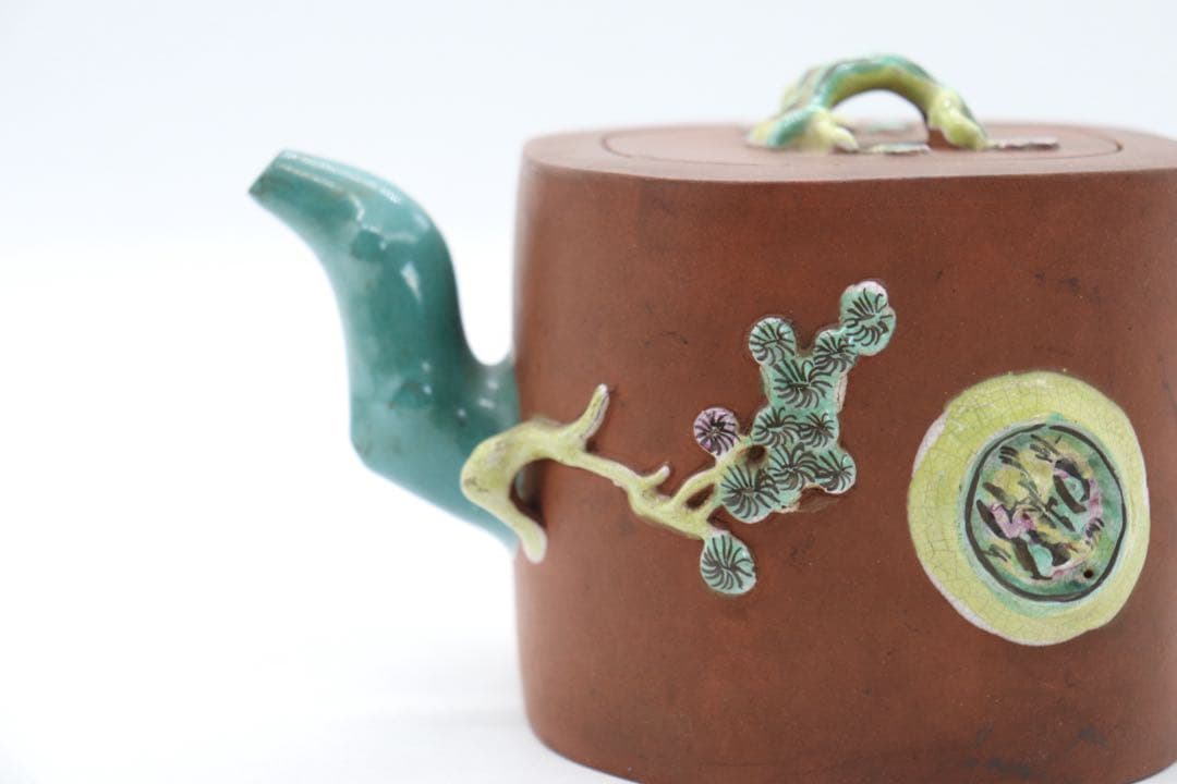 中国　清時代　蜀山名壺　紫砂加彩急須　松竹梅　　送料込み250626