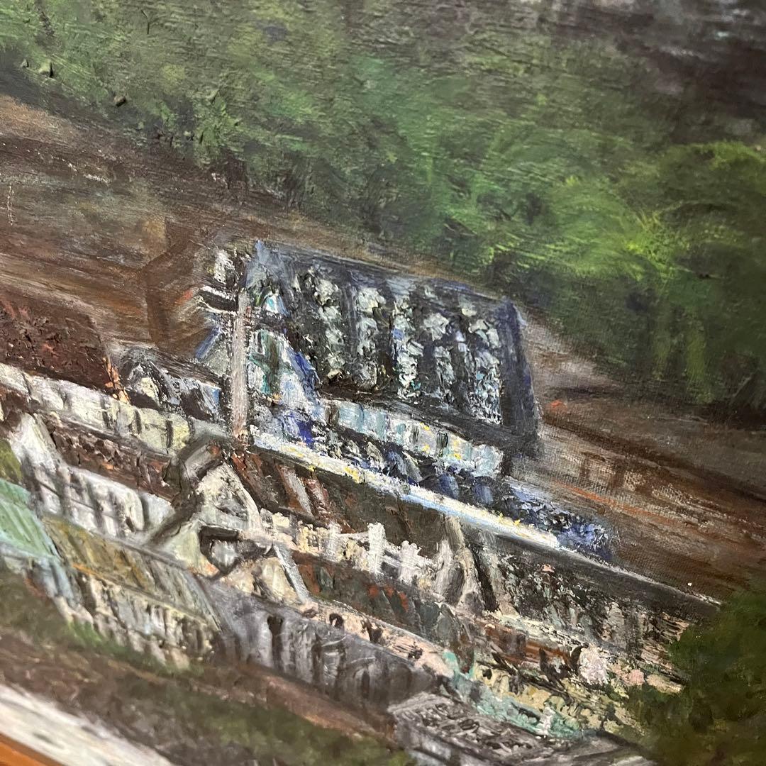 【アンティーク】額縁 額装 絵画 油絵 油彩 風景画 家 山村 田舎 川 葉っぱ