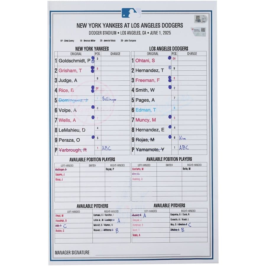 【超貴重／実使用】ヤンキース対ドジャース／ラインナップカード／大谷翔平／山本由伸