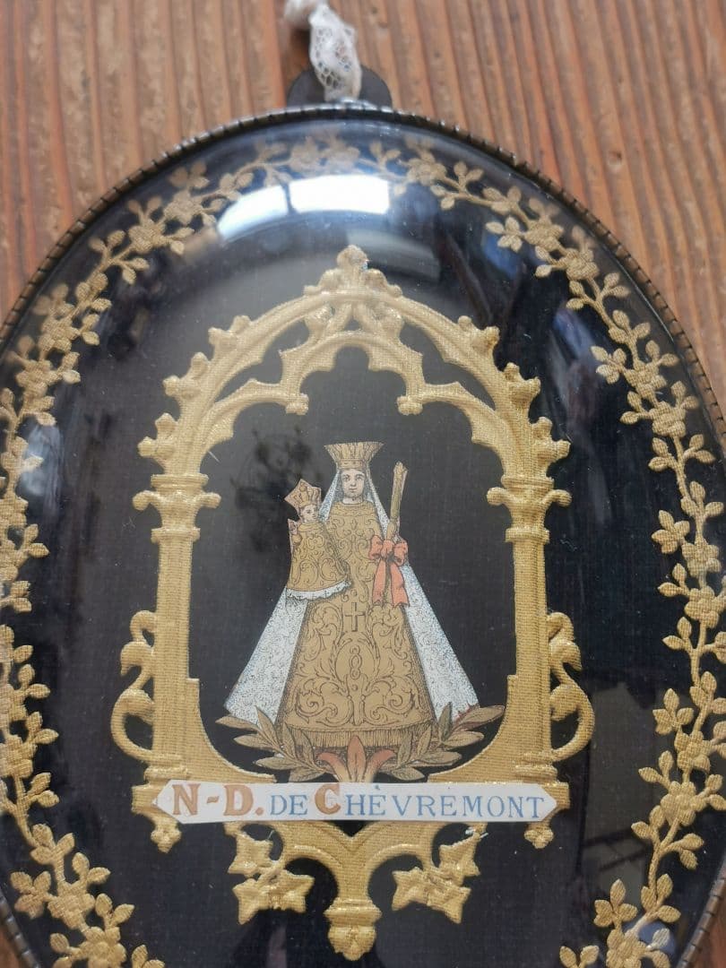 アンティークベルギー 聖母子の紙肖像イコン ボンベガラスドーム マリア イエス