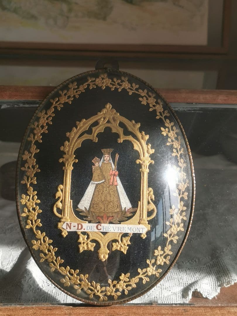 アンティークベルギー 聖母子の紙肖像イコン ボンベガラスドーム マリア イエス