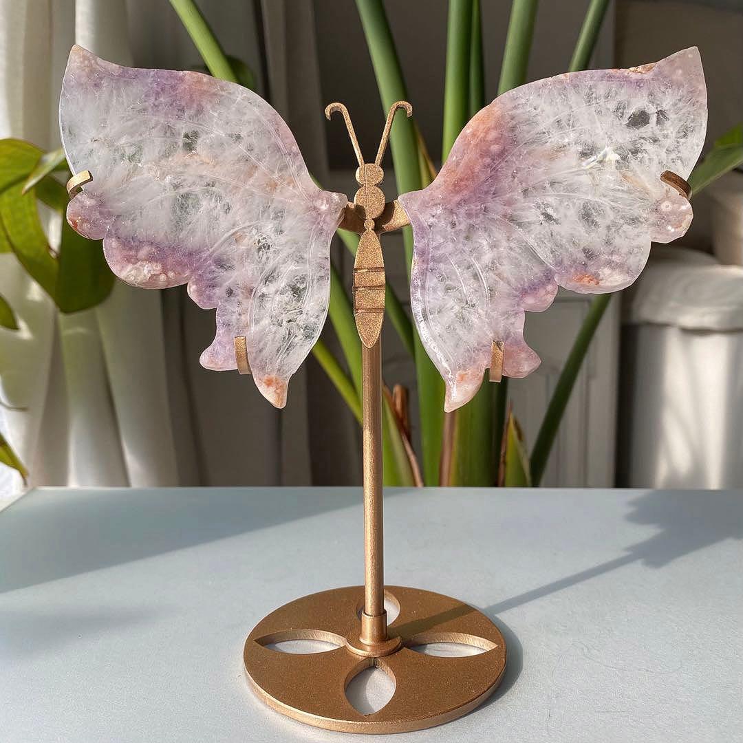 【 天然石 ピンクアメジスト クォーツ バタフライ 蝶々 スタンド付き 】