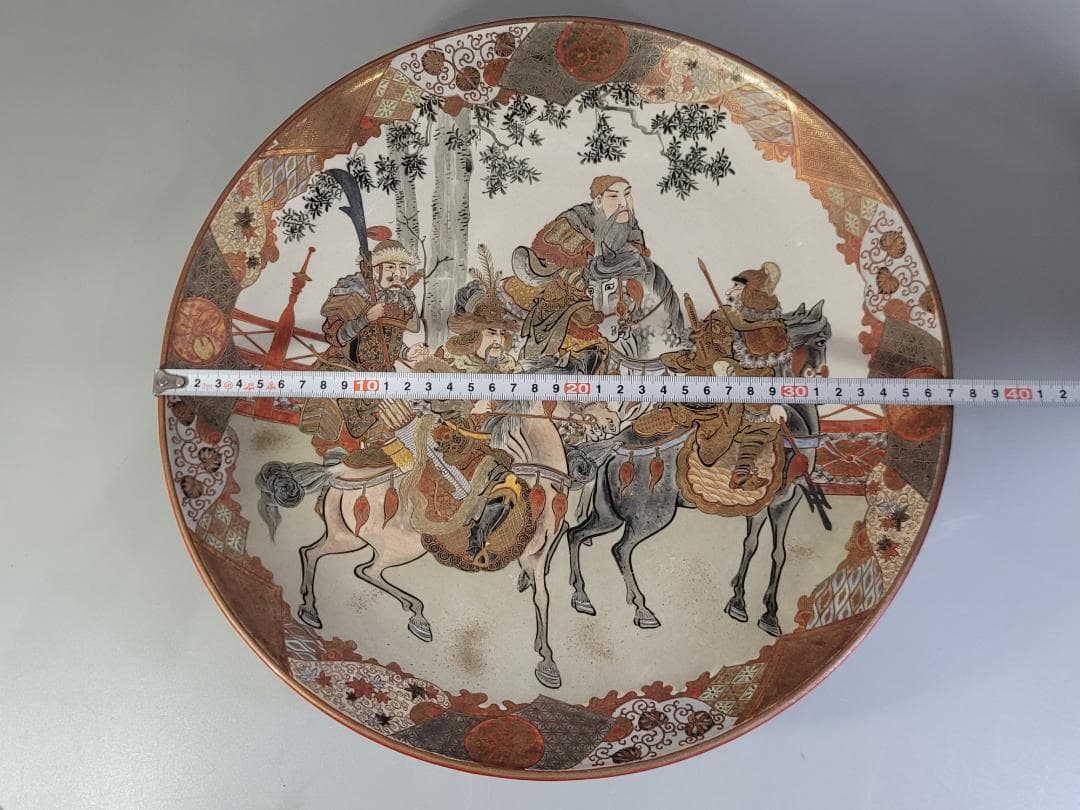 九谷 金彩赤絵 細密 武者絵 一対 幅37 cm 明治時代 DT395