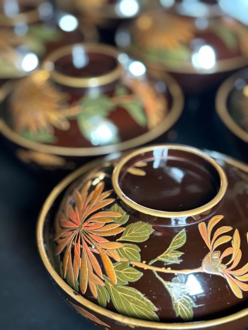 漆器椀　時代物　 京塗り7客セット 金色の菊花7種類の模様