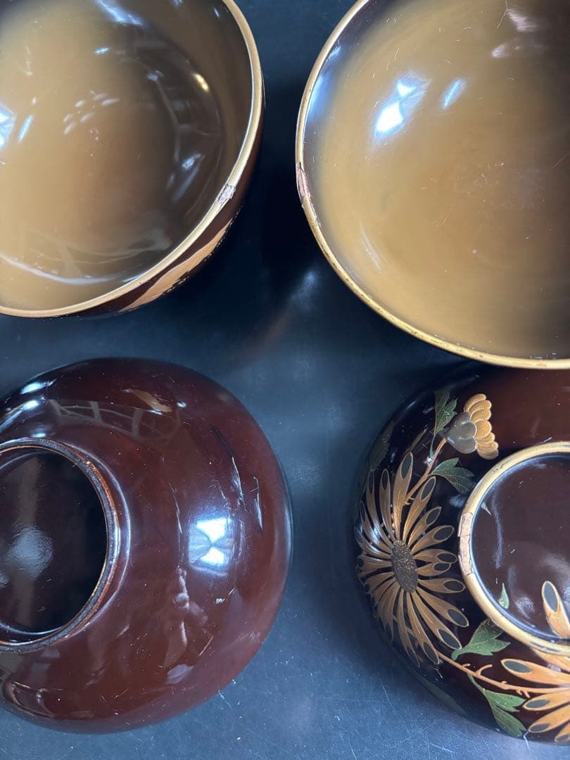 漆器椀　時代物　 京塗り7客セット 金色の菊花7種類の模様