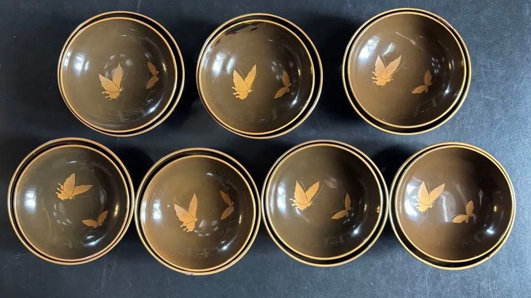 漆器椀　時代物　 京塗り7客セット 金色の菊花7種類の模様