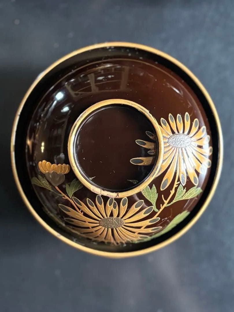 漆器椀　時代物　 京塗り7客セット 金色の菊花7種類の模様
