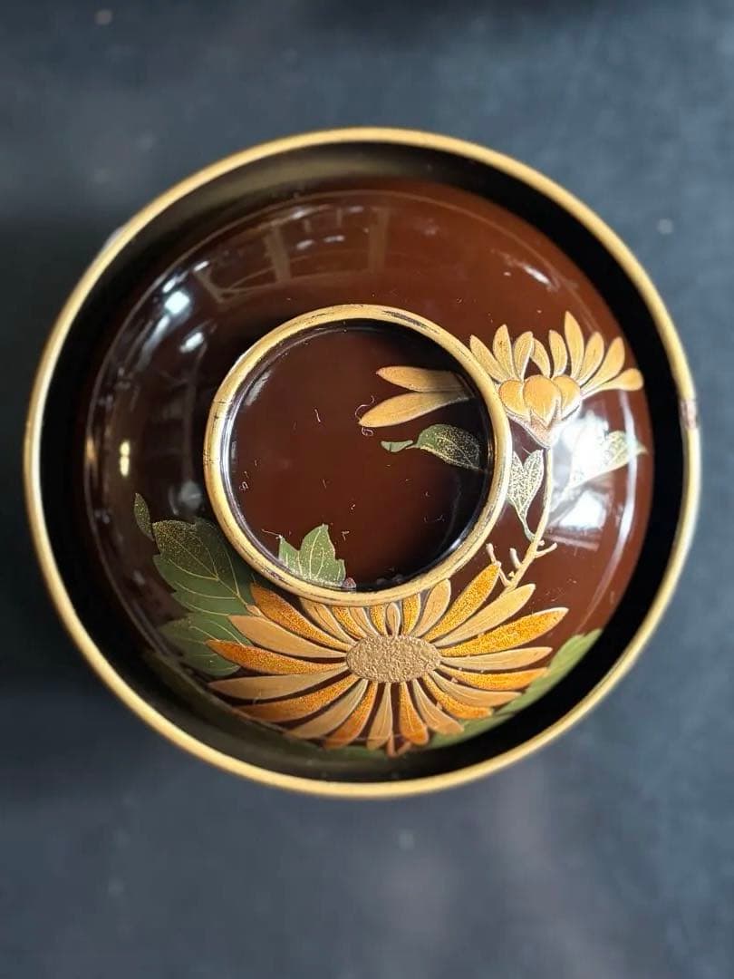 漆器椀　時代物　 京塗り7客セット 金色の菊花7種類の模様