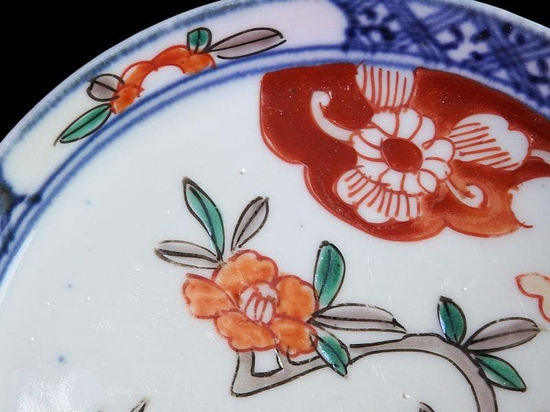 古伊万里　色絵　垣根に椿の図　4寸皿　５枚　F018AS-fbrn