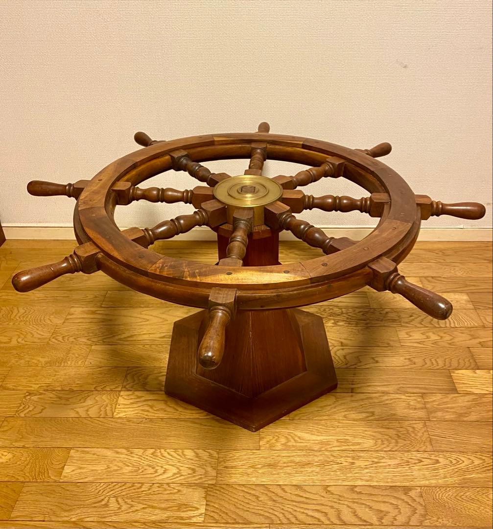 ヴィンテージ大型木製舵輪 直径91cm 台付き 可動式 船舶舵 マリンインテリア