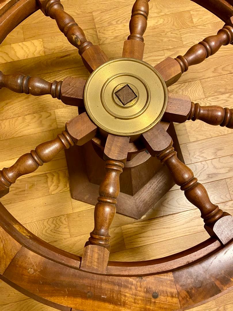 ヴィンテージ大型木製舵輪 直径91cm 台付き 可動式 船舶舵 マリンインテリア
