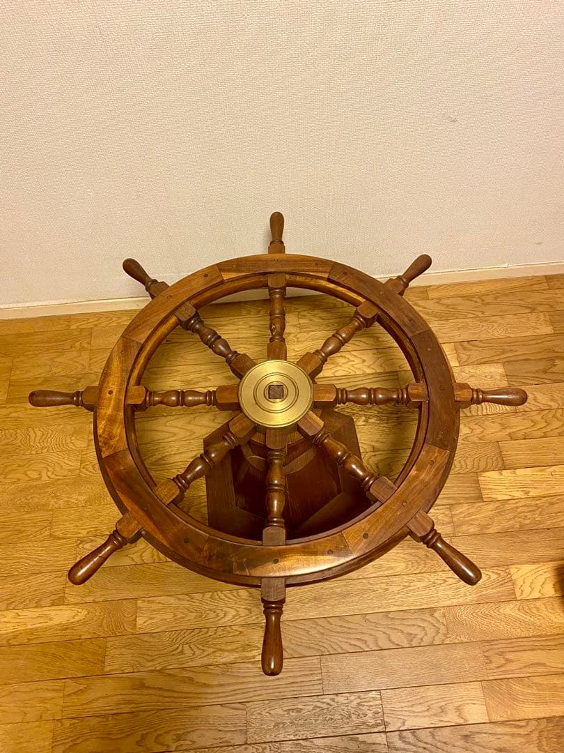 ヴィンテージ大型木製舵輪 直径91cm 台付き 可動式 船舶舵 マリンインテリア