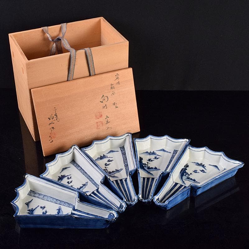 京焼　平安昭阿弥造　染付　山水文　扇面型　向付　五客　共箱　V　R9496B