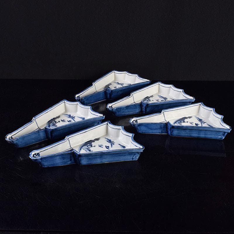 京焼　平安昭阿弥造　染付　山水文　扇面型　向付　五客　共箱　V　R9496B