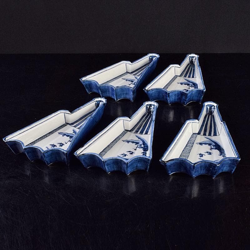 京焼　平安昭阿弥造　染付　山水文　扇面型　向付　五客　共箱　V　R9496B