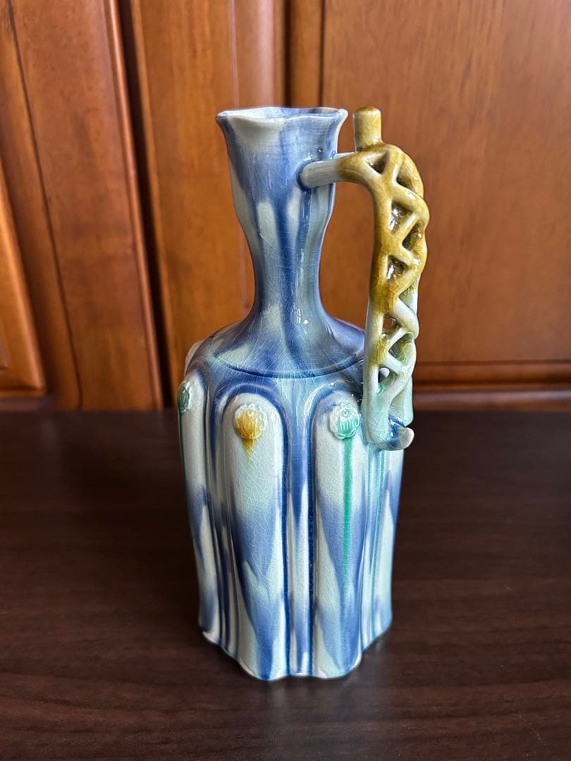 人間国宝　加藤卓男　藍彩貼花文手付花入 重要無形文化財認定