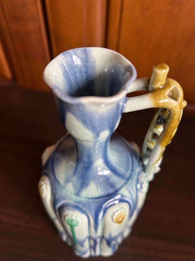 人間国宝　加藤卓男　藍彩貼花文手付花入 重要無形文化財認定