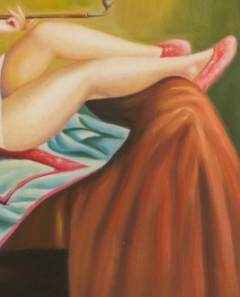 劉宝軍　油彩　肉筆『喫煙婦人』表サイン　画廊取扱シール　F12号　額無　b115