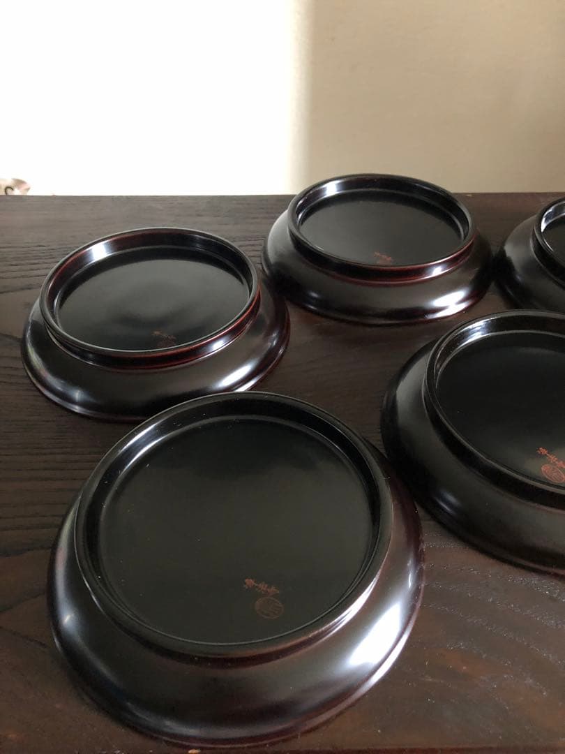 国産 浄法寺塗 木製 漆器 椿皿 楪子 銘々皿 溜塗 懐石 茶道具 5枚揃