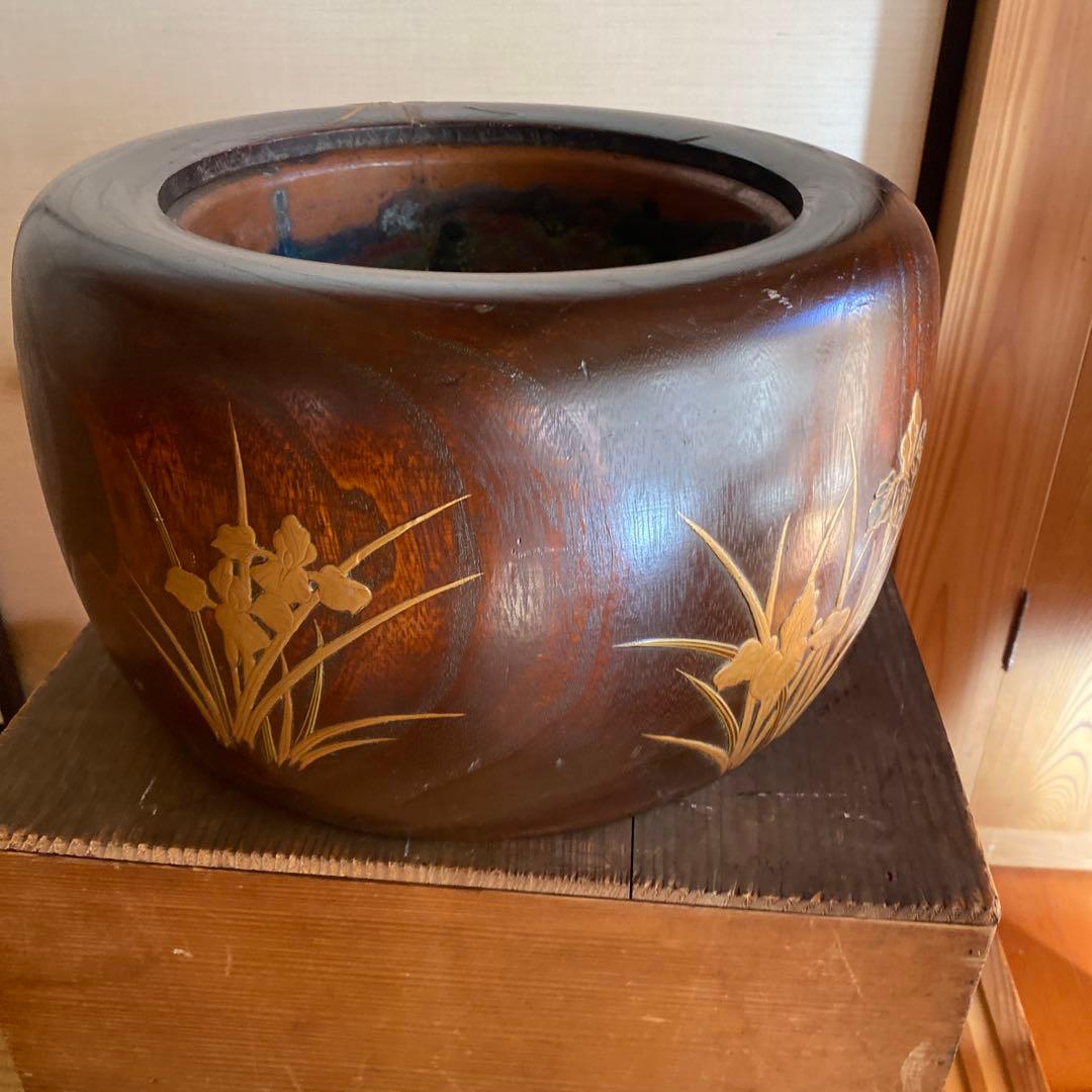 骨董　火鉢　アンティーク　あやめ蒔絵火鉢　花菖蒲　螺鈿細工　花柄　金彩　木製
