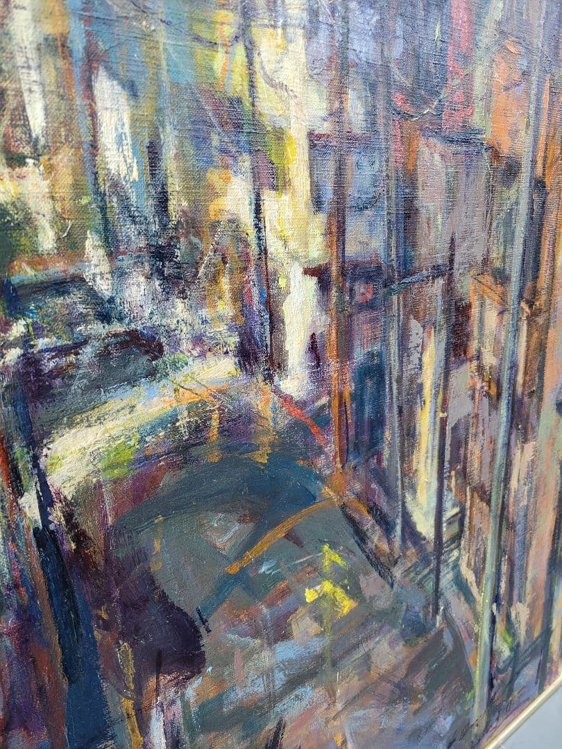 No.9 都市風景 油彩画 大きめ 金色フレーム付き