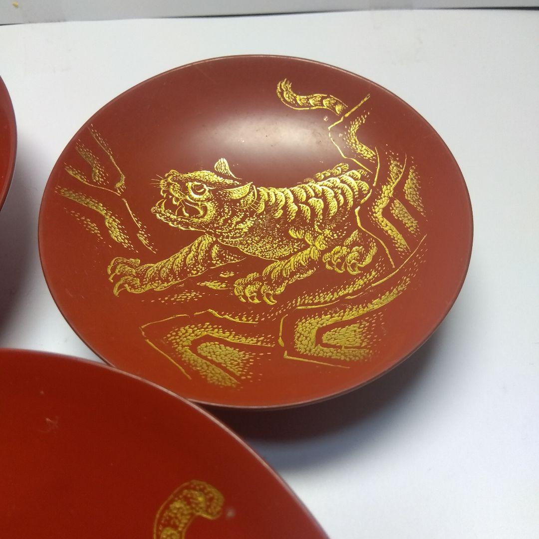 輪島塗　漆器三ッ組盃　沈金　虎の図　在銘　松竹梅　天然木　当日物　美品