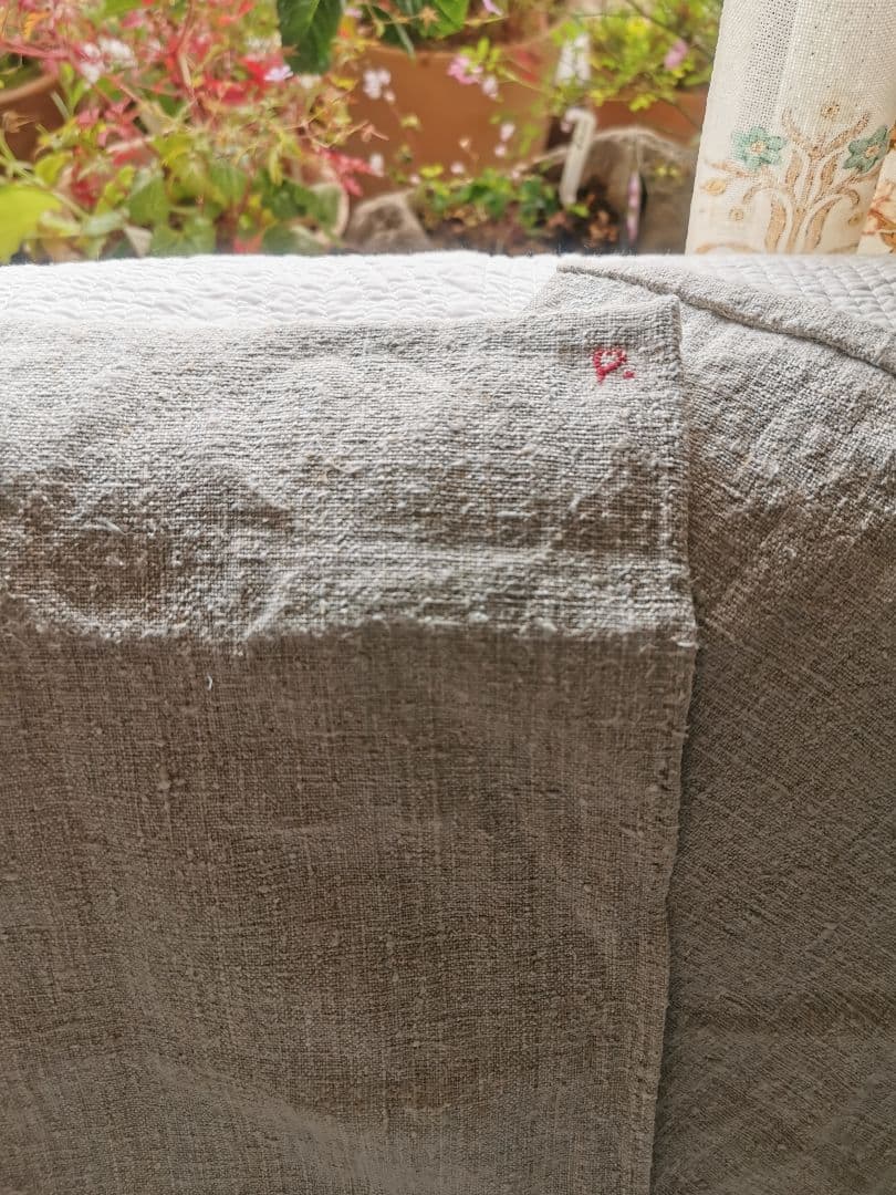 アンティーク ホームスパン ラスティックリネン イニシャルP赤糸刺繍ロングクロス