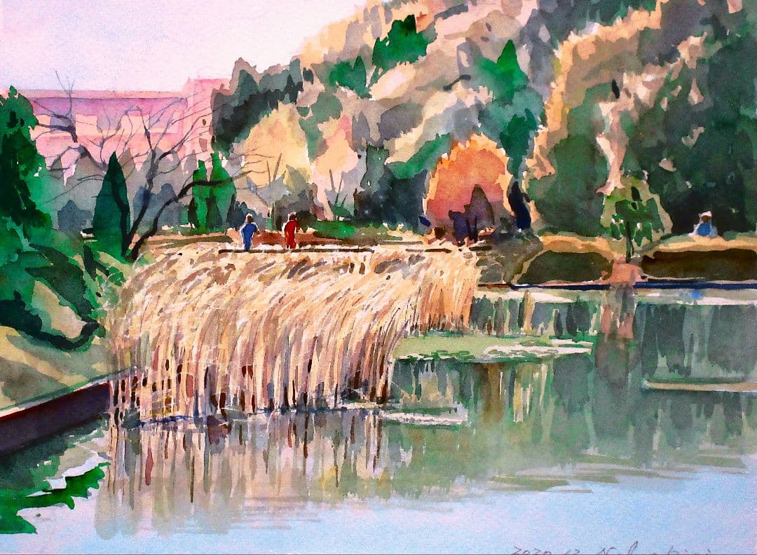 風景 水彩画 額装済み F６号