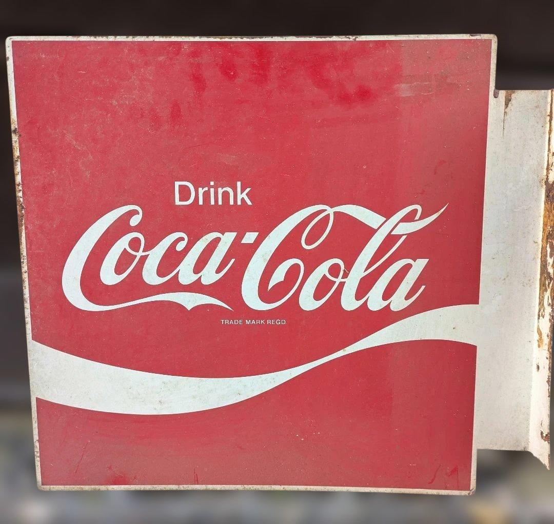​【美品、両面印刷、ホーロー製】コカ・コーラ 45.5cm角 旧ロゴ看板