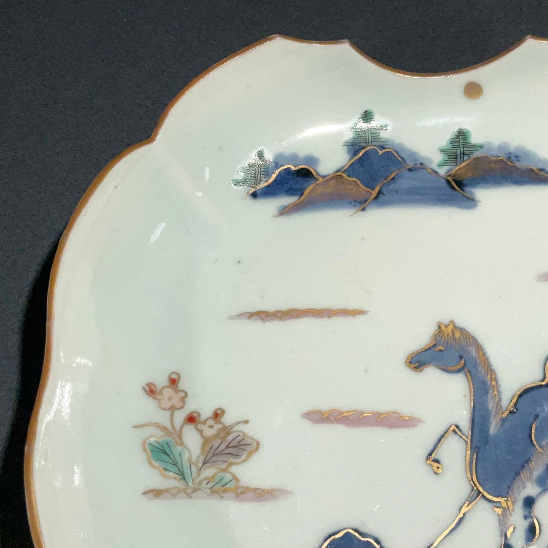 伊万里金襴手馬図変形皿　江戸　古伊万里　金直し　R0917w1ダH