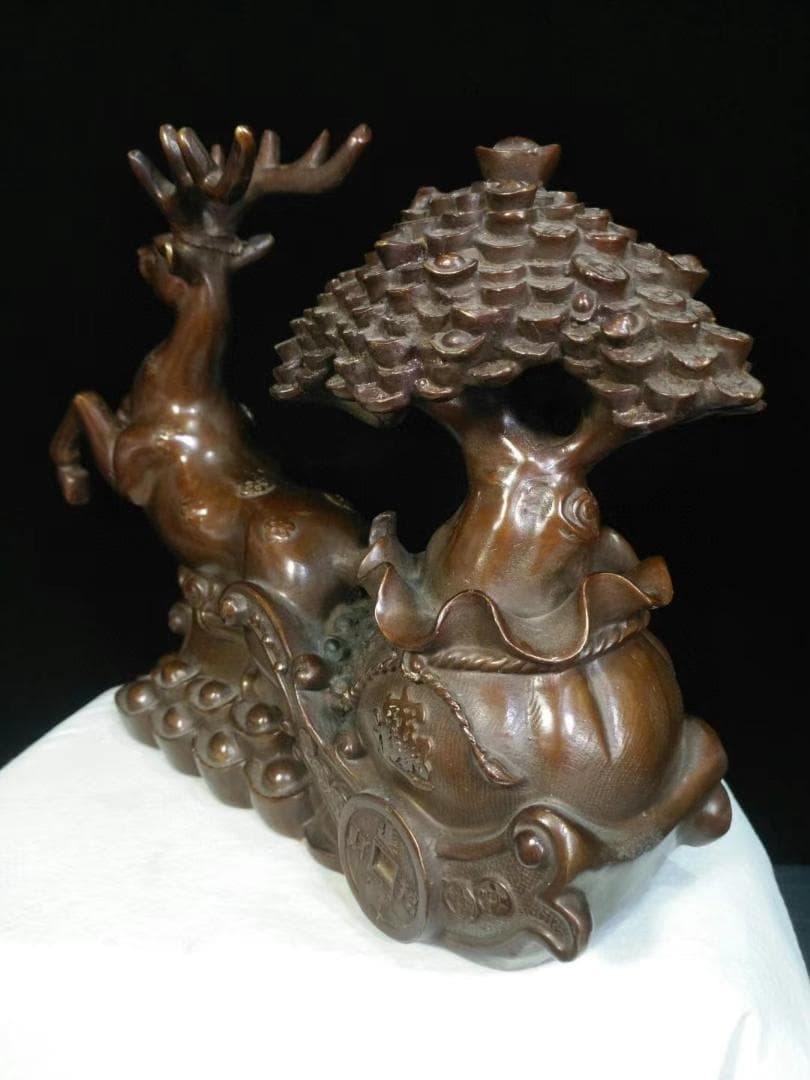 中国古美術品·旧蔵純銅器·一路生财·细密彫·純手作り·高浮彫·文房置物·風水開運