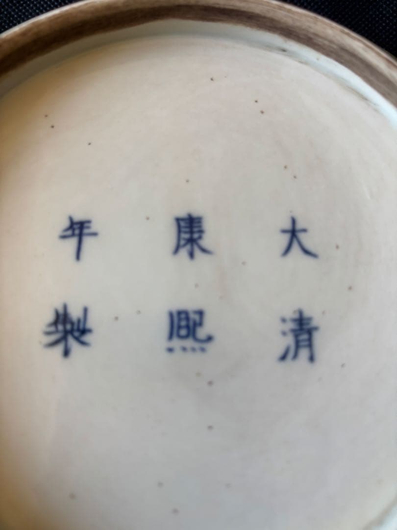 中国古美術品 青花釉裏紅 魚龍文 大皿 大清康煕年製 22.5cm