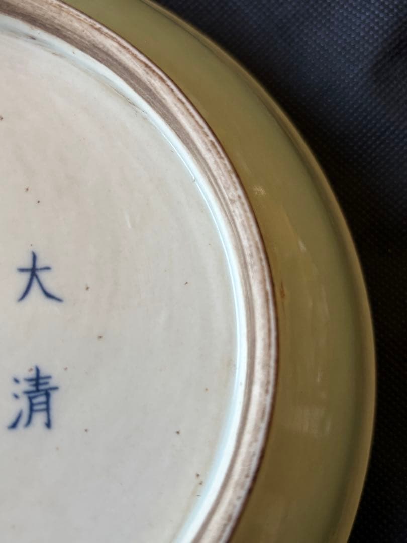 中国古美術品 青花釉裏紅 魚龍文 大皿 大清康煕年製 22.5cm