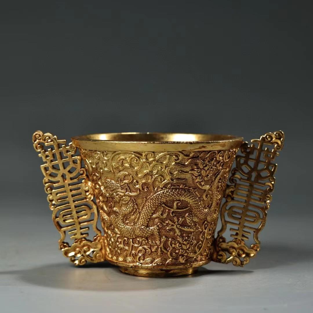 中国古美術・旧蔵収鎏金龍酒具・純銅细密彫・純手作り・高浮彫・置物・酒器・茶道具