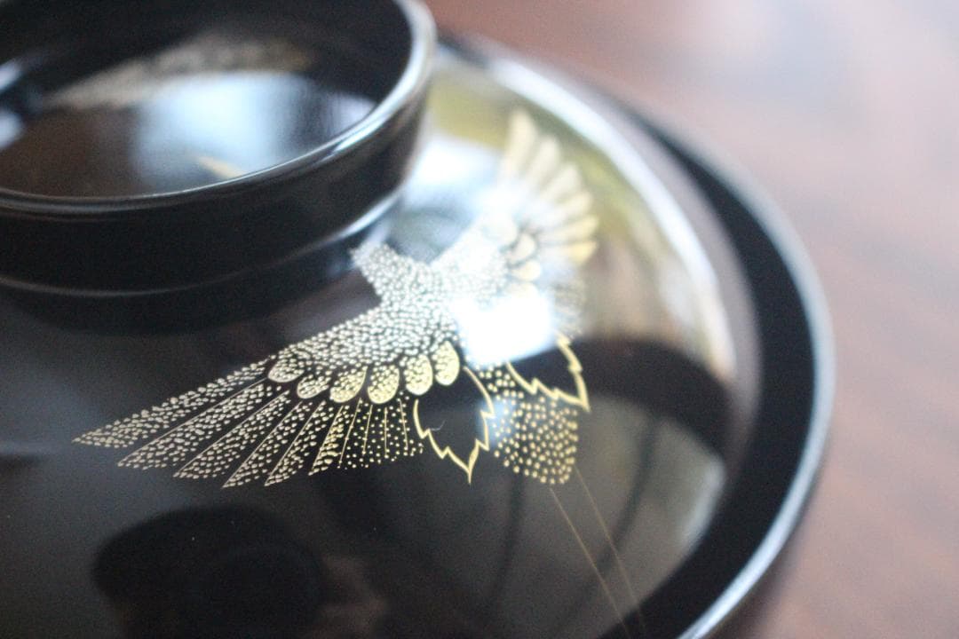 デッドストック！上質黒漆に極上鶴沈金の映えるお椀2点（検輪島塗沈金椀雑煮椀